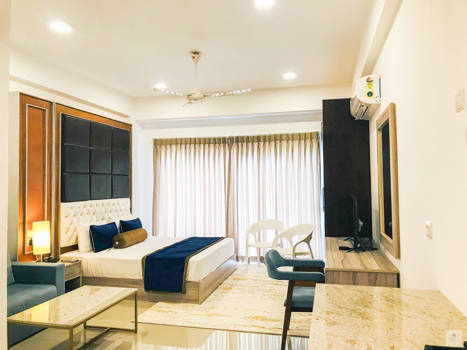 Wide view of the studio layout and lounge area